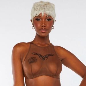 New Savage x Fenty Tattooed Tricot High-Neck Bra Brown Sugar